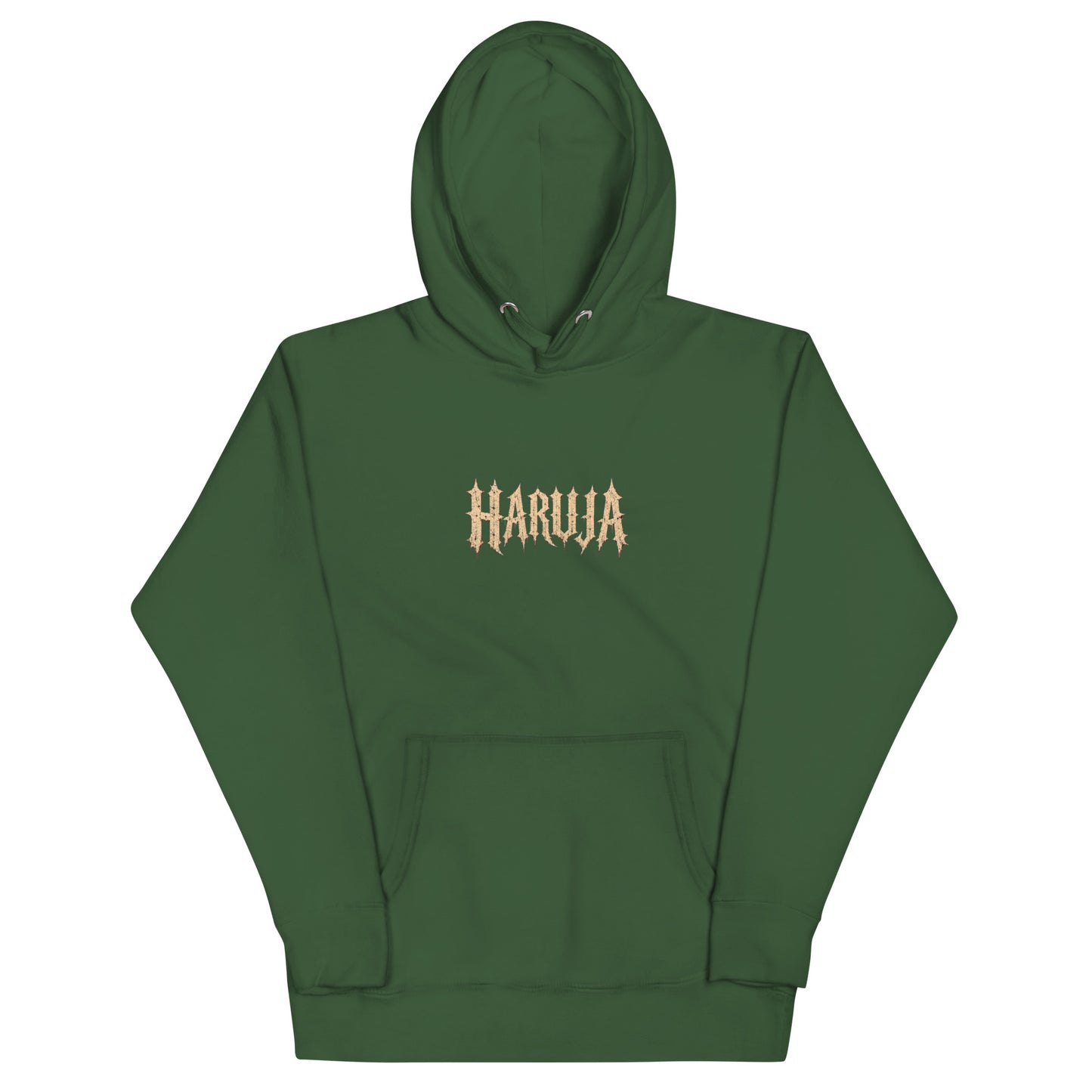 Front of forest green Haruja pullover hoodie with distressed cream gothic logo and kangaroo pocket