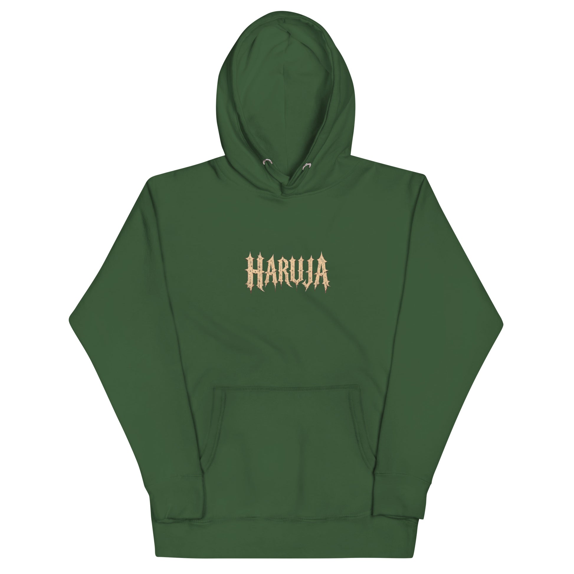 Front of forest green Haruja pullover hoodie with distressed cream gothic logo and kangaroo pocket