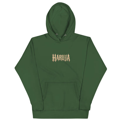 Front of forest green Haruja pullover hoodie with distressed cream gothic logo and kangaroo pocket