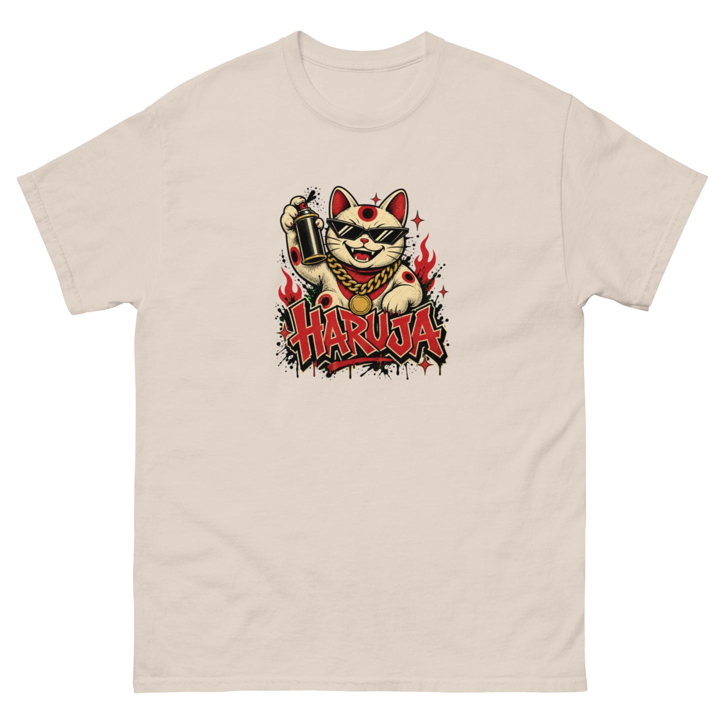 Natural cream Haruja T-shirt with graffiti-style lucky cat wearing sunglasses, holding a spray can and surrounded by red flames