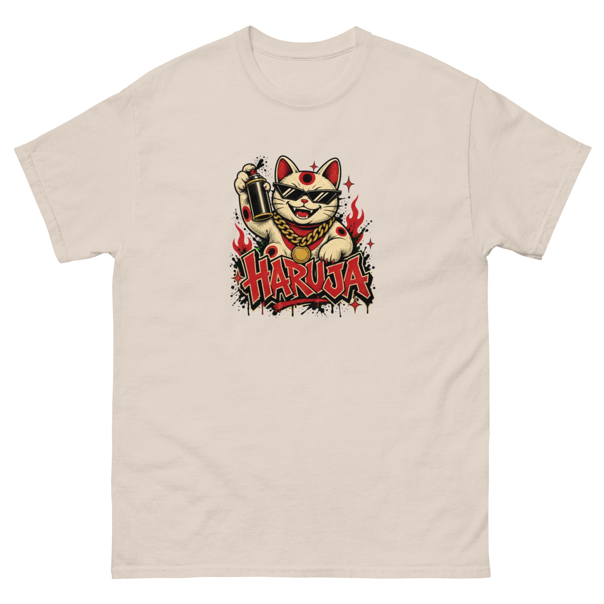Natural cream Haruja T-shirt with graffiti-style lucky cat wearing sunglasses, holding a spray can and surrounded by red flames