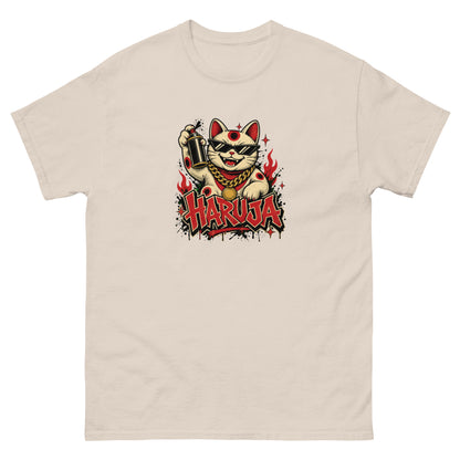 Natural cream Haruja T-shirt with graffiti-style lucky cat wearing sunglasses, holding a spray can and surrounded by red flames