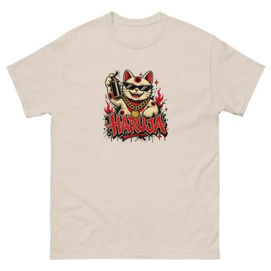 Natural cream Haruja T-shirt with graffiti-style lucky cat wearing sunglasses, holding a spray can and surrounded by red flames