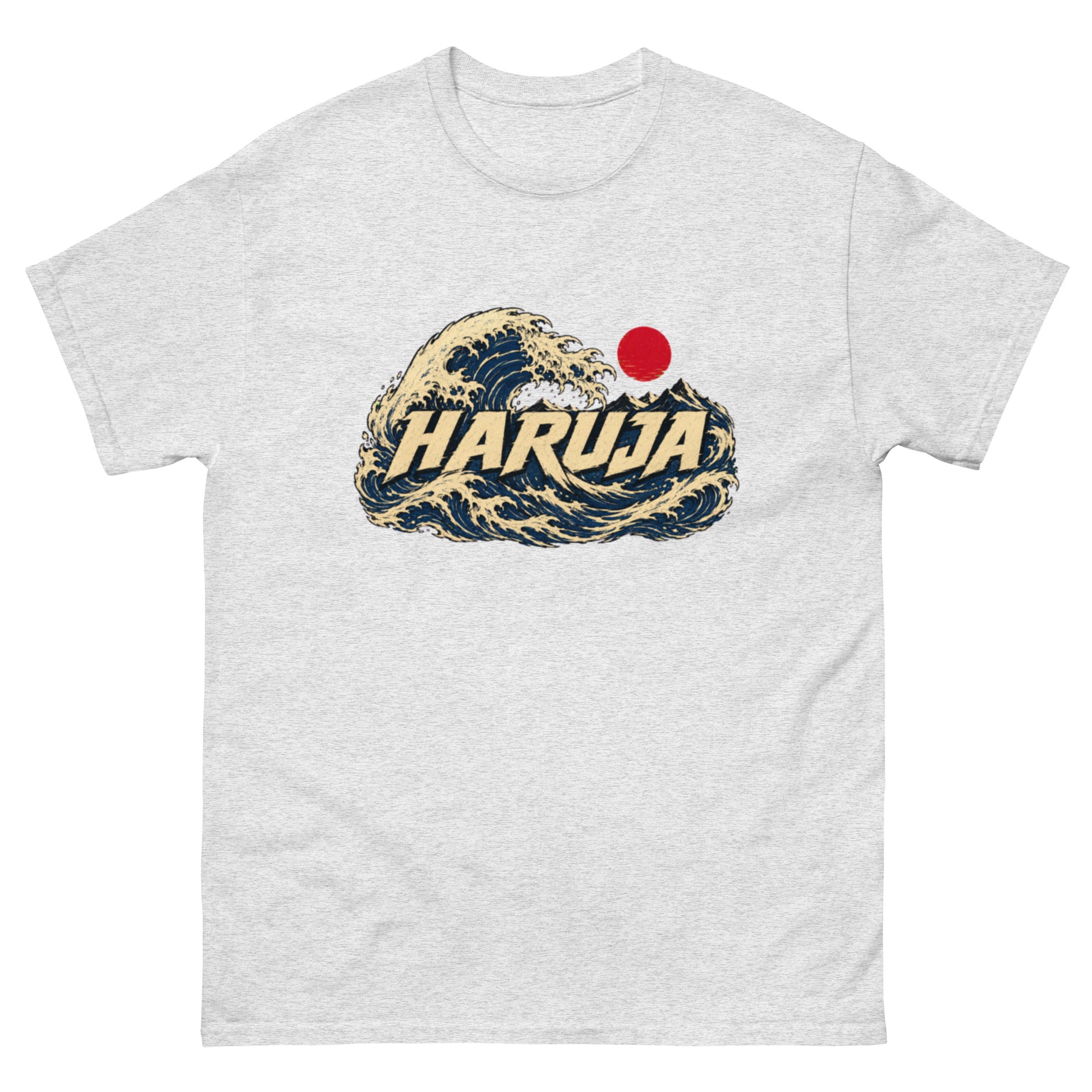 Ash grey Haruja T-shirt with Japanese ocean wave, mountain and red rising sun graphic on the front