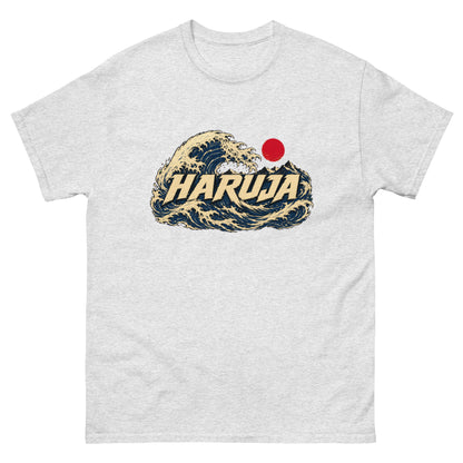 Ash grey Haruja T-shirt with Japanese ocean wave, mountain and red rising sun graphic on the front
