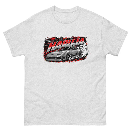 Ash grey Haruja T-shirt with Japanese-inspired drift car, tyre smoke and red racing graphic on the front