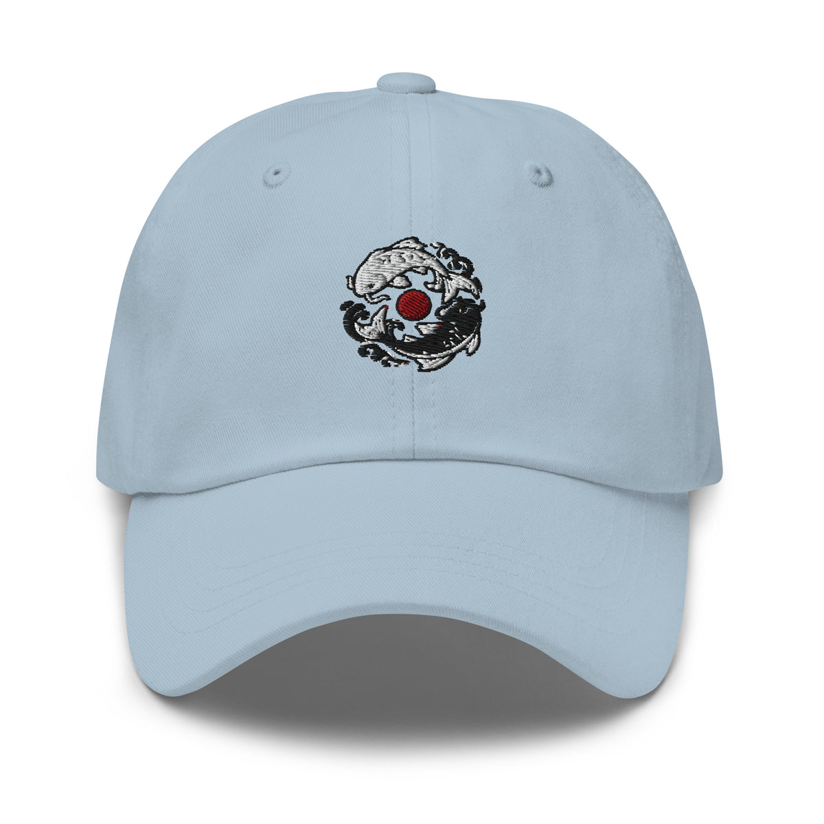 Light blue Haruja dad hat with black and white Japanese koi fish circle and red sun graphic embroidered on the front