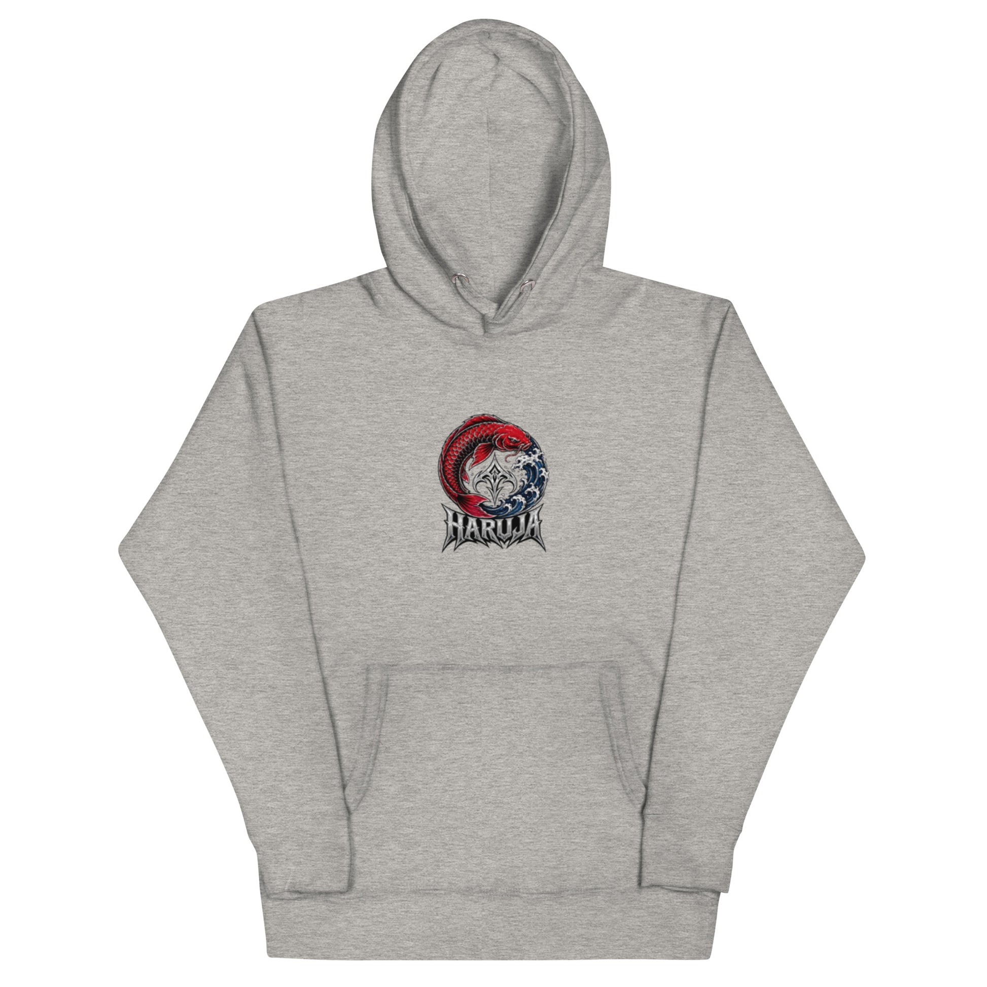 Front of carbon grey Haruja hoodie with red Japanese koi fish, blue ocean waves and metallic logo graphic