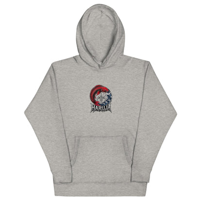 Front of carbon grey Haruja hoodie with red Japanese koi fish, blue ocean waves and metallic logo graphic
