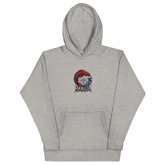 Front of carbon grey Haruja hoodie with red Japanese koi fish, blue ocean waves and metallic logo graphic