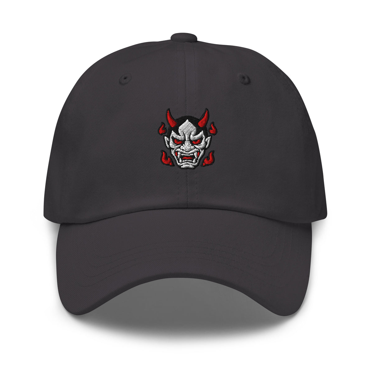 Dark grey Haruja dad hat with embroidered Japanese Oni demon mask, red horns and red eye details on the front
