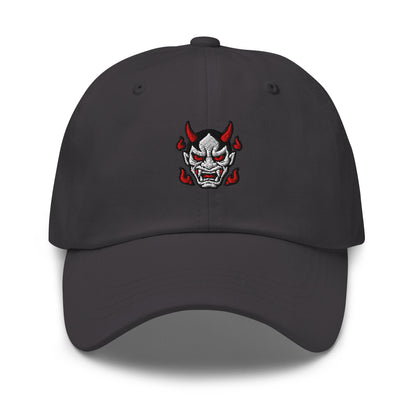 Dark grey Haruja dad hat with embroidered Japanese Oni demon mask, red horns and red eye details on the front