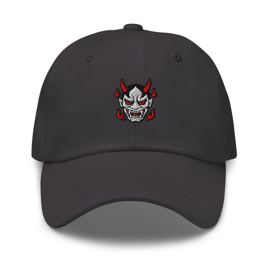 Dark grey Haruja dad hat with embroidered Japanese Oni demon mask, red horns and red eye details on the front