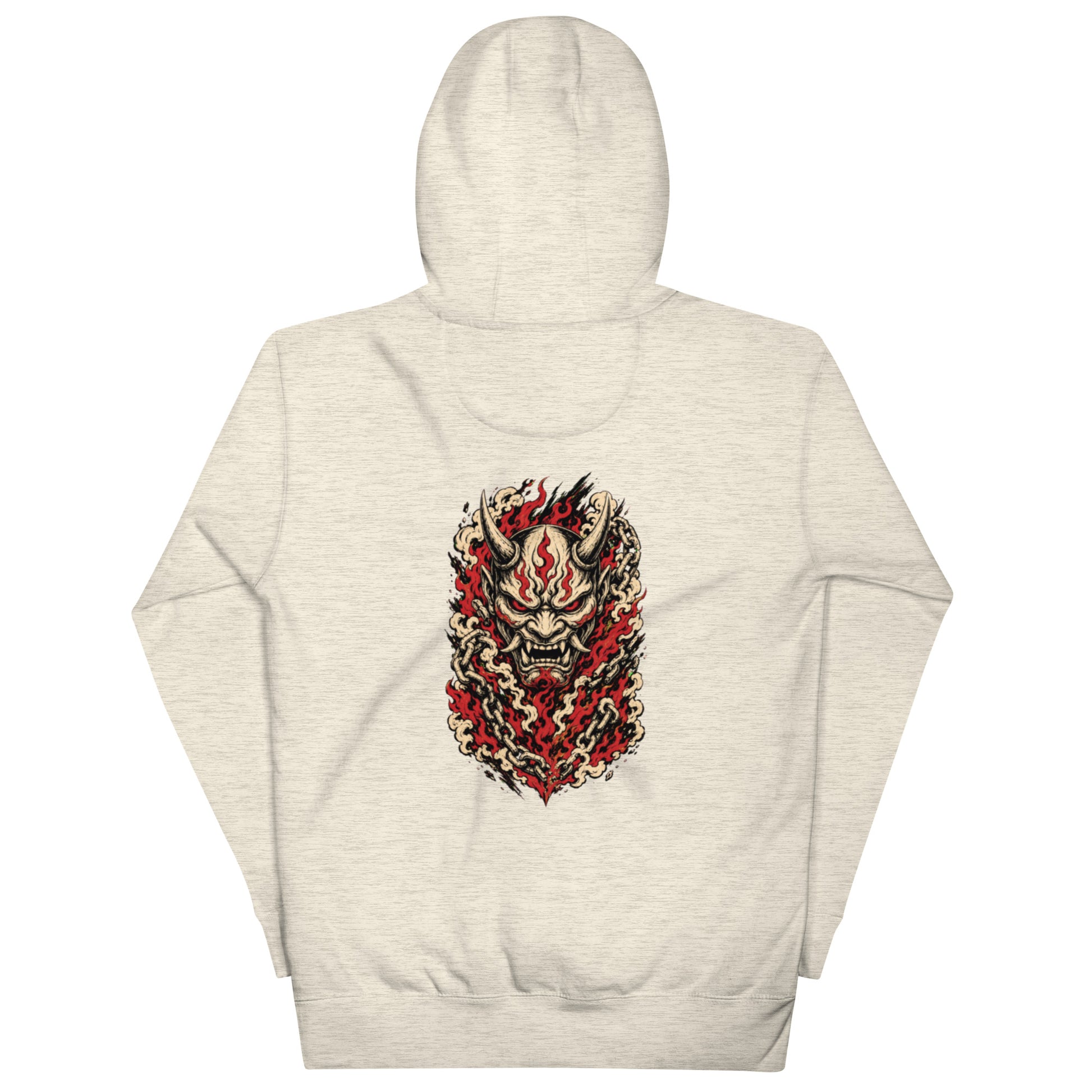 Back of oatmeal heather Haruja hoodie with large Oni demon mask, red flames, smoke and chain graphic
