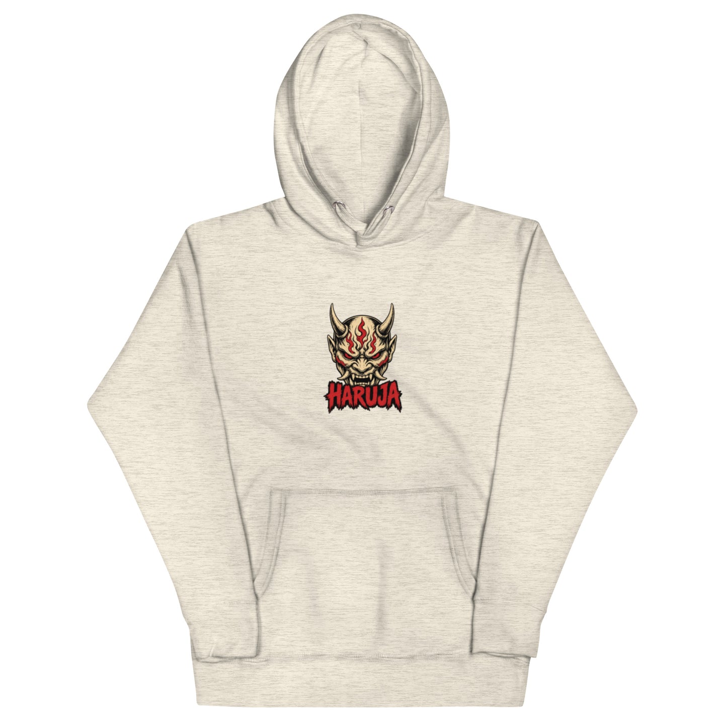 Front of oatmeal heather Haruja hoodie with horned Japanese Oni mask and distressed red logo