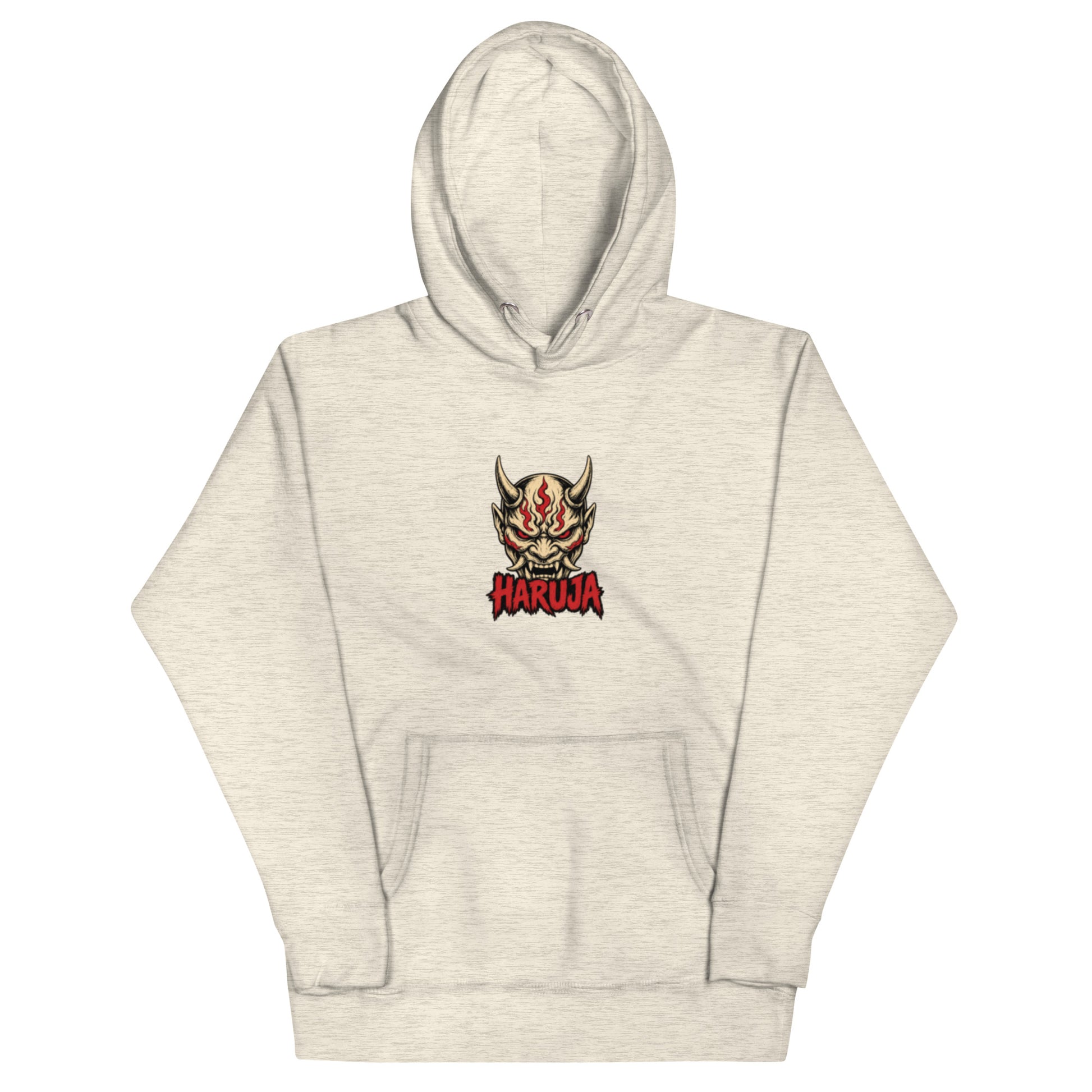 Front of oatmeal heather Haruja hoodie with horned Japanese Oni mask and distressed red logo