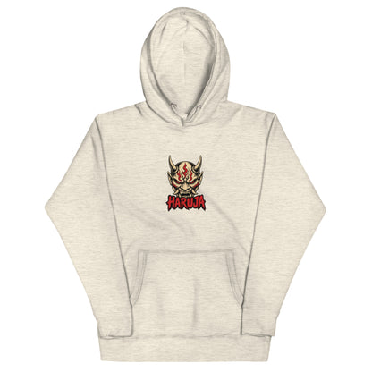 Front of oatmeal heather Haruja hoodie with horned Japanese Oni mask and distressed red logo