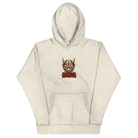 Front of oatmeal heather Haruja hoodie with horned Japanese Oni mask and distressed red logo