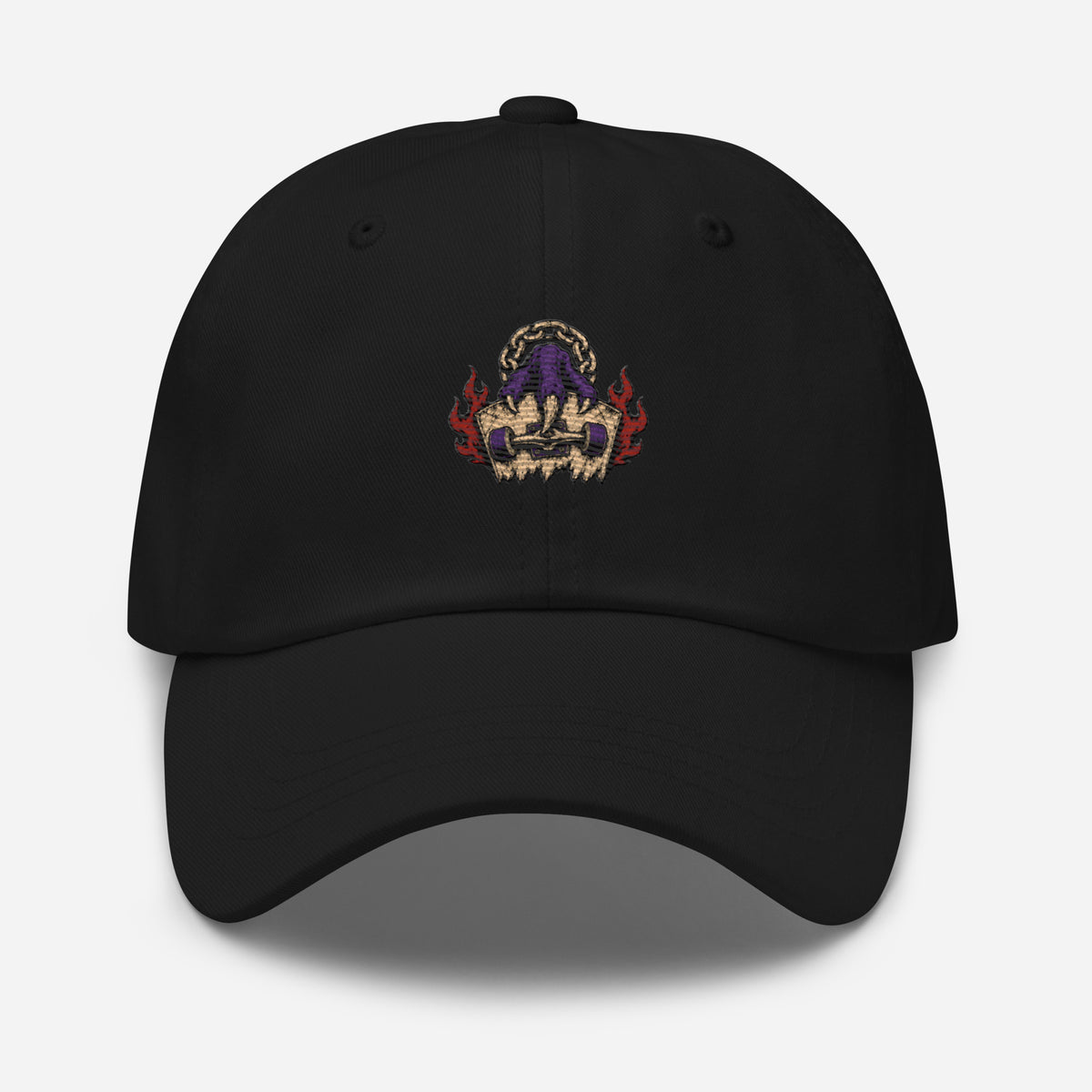 Black Haruja dad hat with purple claw gripping a skateboard and red flame graphic embroidered on the front
