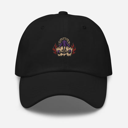 Black Haruja dad hat with purple claw gripping a skateboard and red flame graphic embroidered on the front