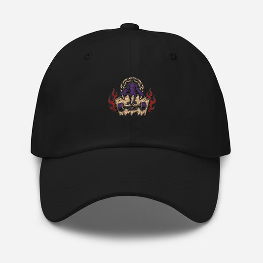 Black Haruja dad hat with purple claw gripping a skateboard and red flame graphic embroidered on the front