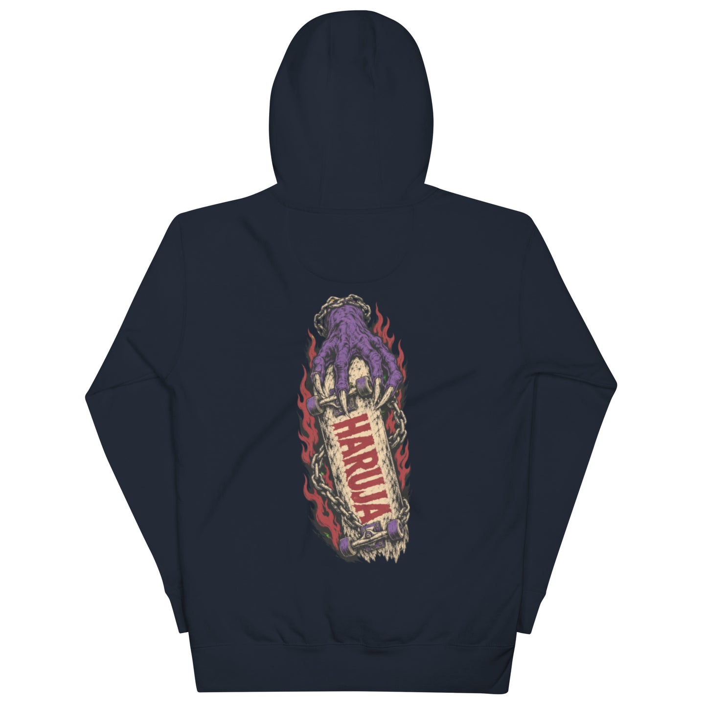Back of navy Haruja hoodie with large purple claw gripping a skateboard, chains, red flames and HARUJA logo