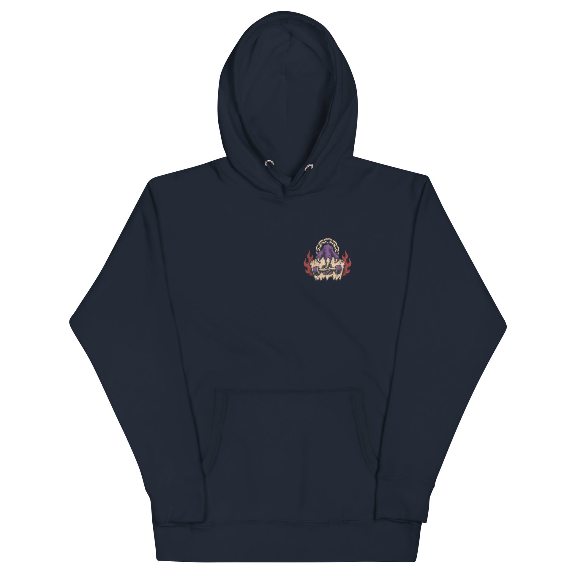Front of navy Haruja hoodie with small purple claw gripping a skateboard and red flame graphic