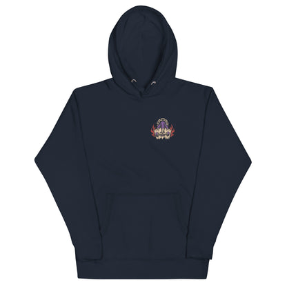 Front of navy Haruja hoodie with small purple claw gripping a skateboard and red flame graphic