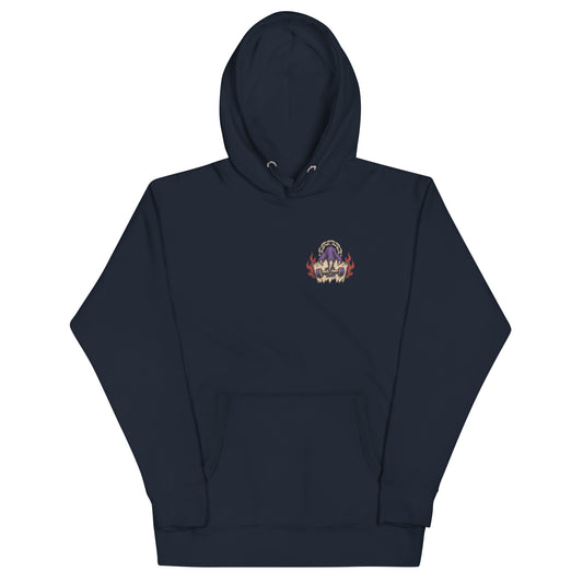Front of navy Haruja hoodie with small purple claw gripping a skateboard and red flame graphic