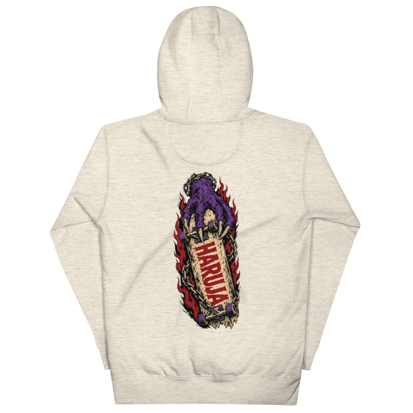 Back of oatmeal Haruja hoodie with large purple claw gripping a skateboard, red flames, chains and HARUJA logo