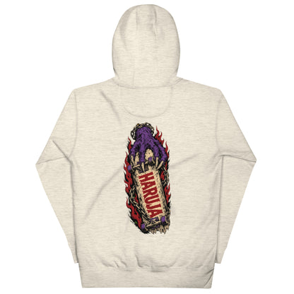 Back of oatmeal Haruja hoodie with large purple claw gripping a skateboard, red flames, chains and HARUJA logo