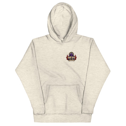 Front of oatmeal Haruja hoodie with small purple claw gripping a skateboard and red flame graphic