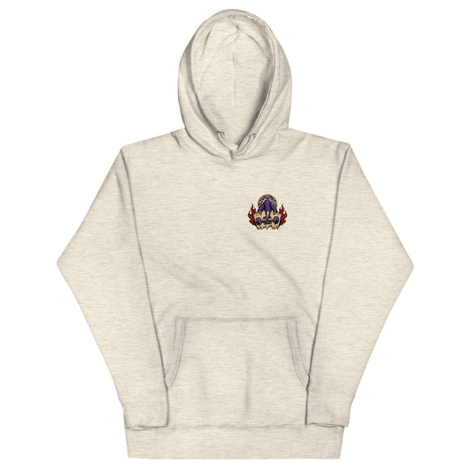 Front of oatmeal Haruja hoodie with small purple claw gripping a skateboard and red flame graphic