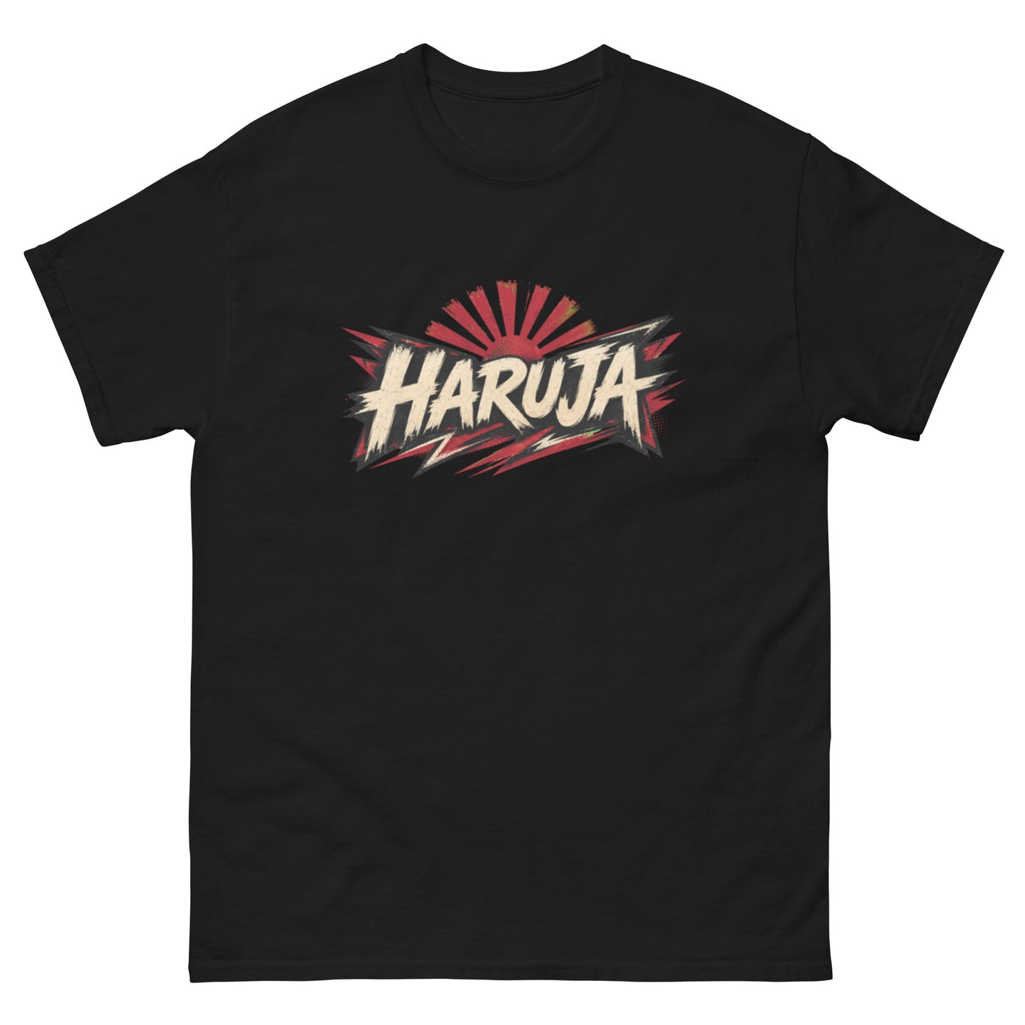 Black Haruja graphic T-shirt with distressed cream logo and red rising sun design on the front