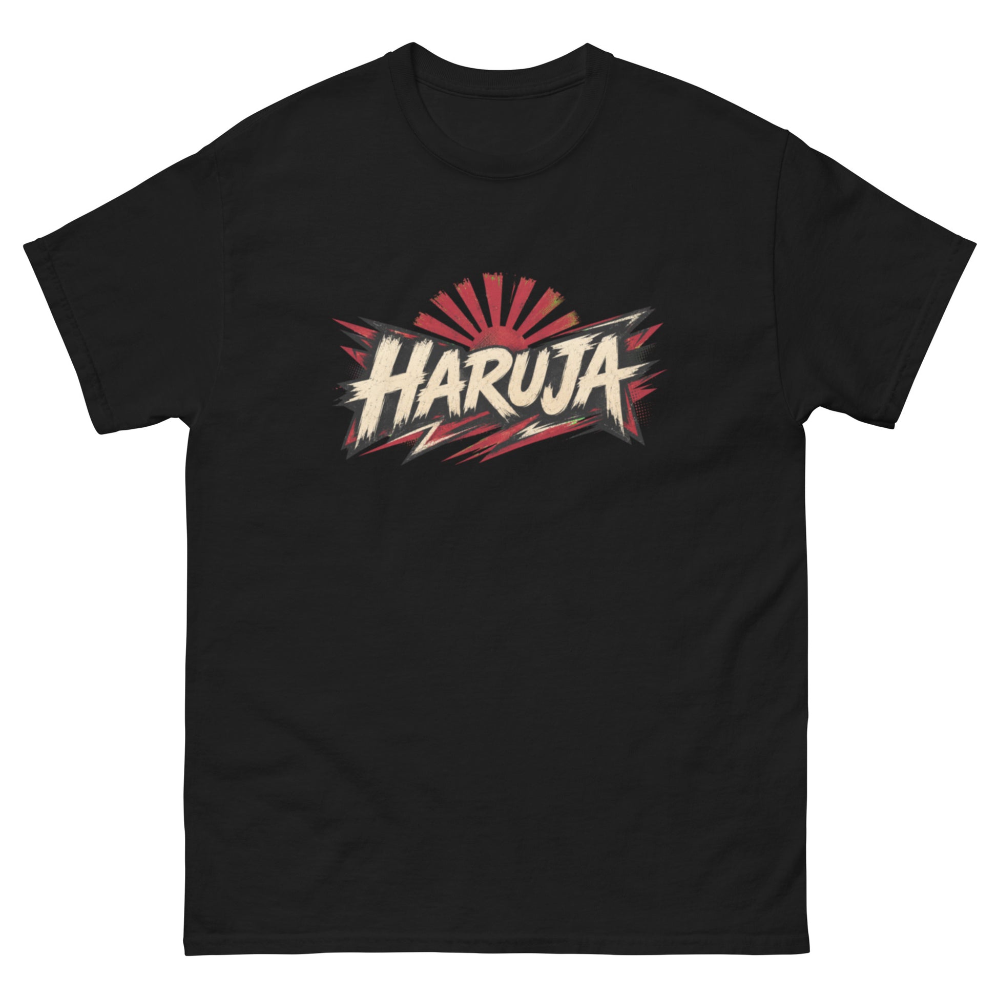 Black Haruja graphic T-shirt with distressed cream logo and red rising sun design on the front