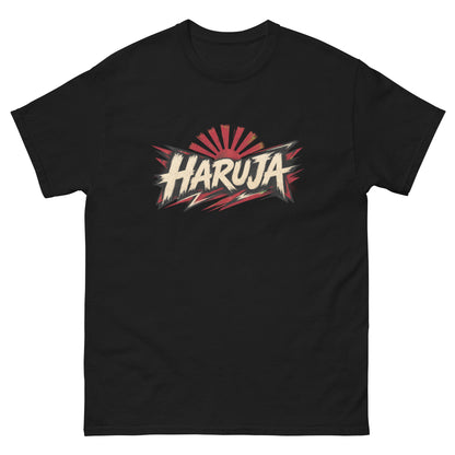 Black Haruja graphic T-shirt with distressed cream logo and red rising sun design on the front