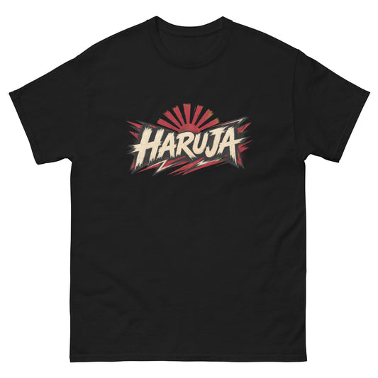 Black Haruja graphic T-shirt with distressed cream logo and red rising sun design on the front