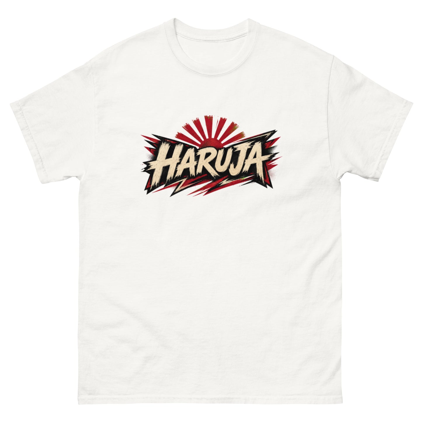 White Haruja graphic T-shirt with distressed cream logo, black accents and red rising sun design on the front