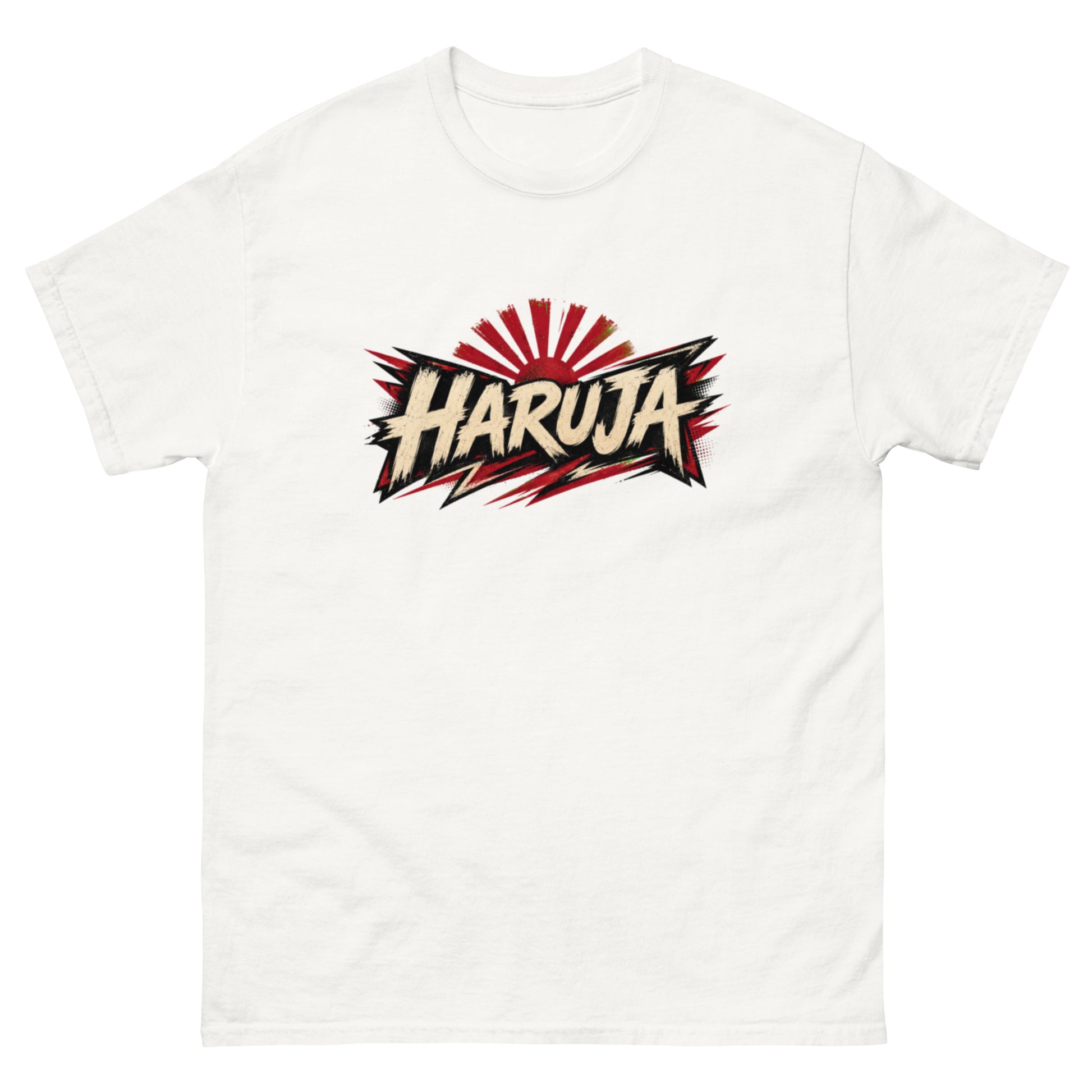 White Haruja graphic T-shirt with distressed cream logo, black accents and red rising sun design on the front