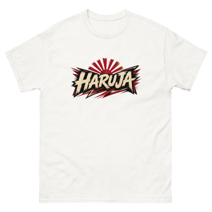 White Haruja graphic T-shirt with distressed cream logo, black accents and red rising sun design on the front