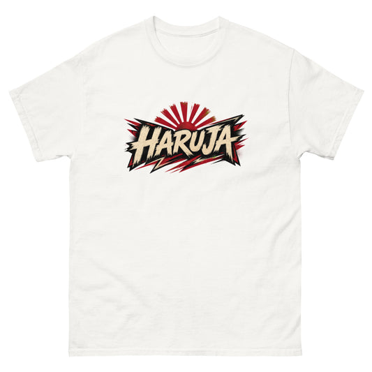 White Haruja graphic T-shirt with distressed cream logo, black accents and red rising sun design on the front