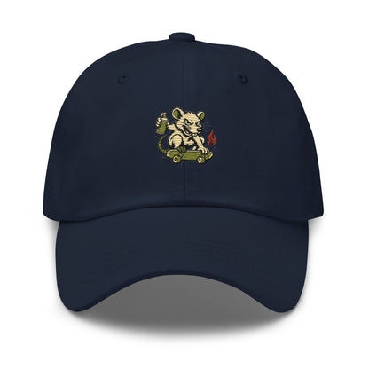 Navy Haruja dad hat with skateboarding rat holding a spray-paint can and small red flame graphic on the front