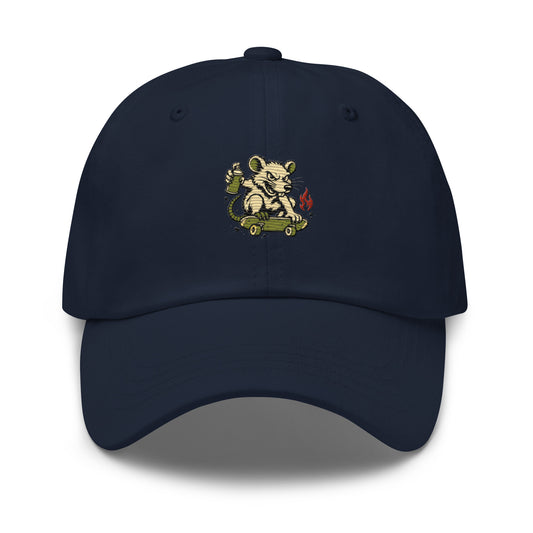 Navy Haruja dad hat with skateboarding rat holding a spray-paint can and small red flame graphic on the front