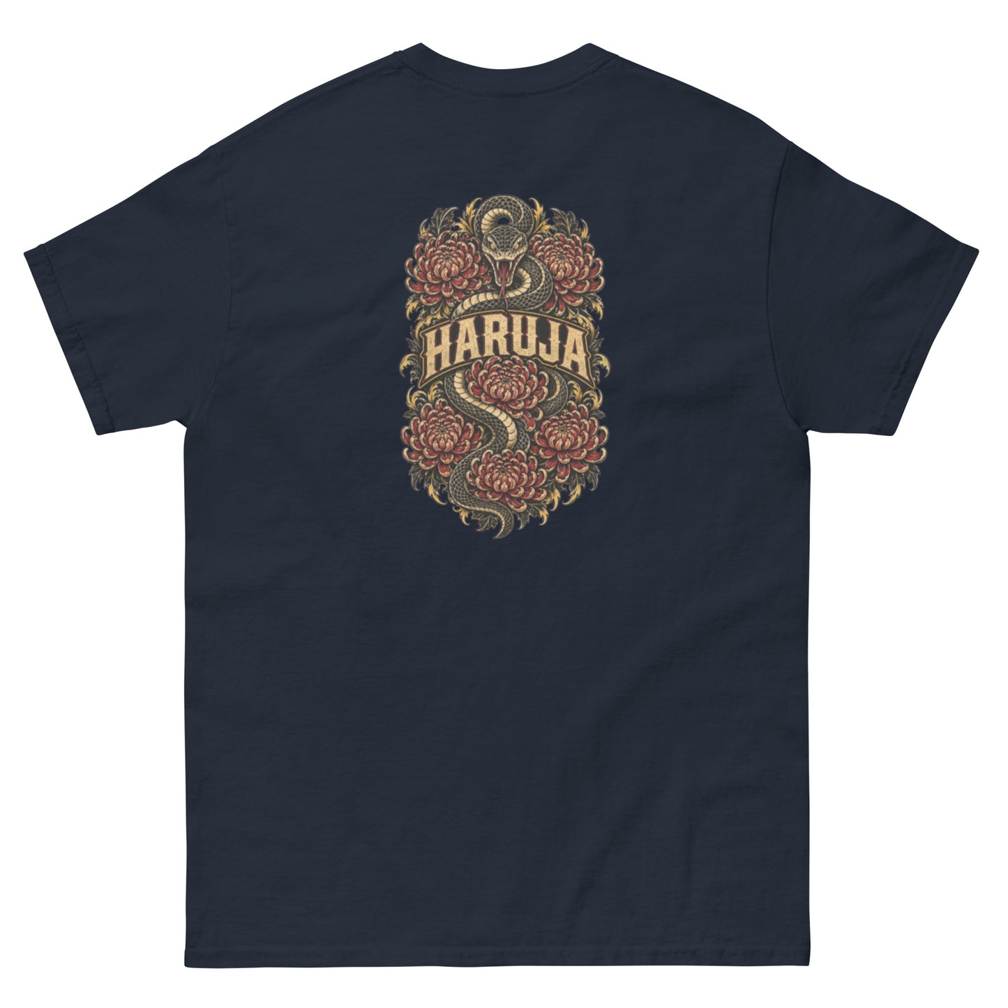Back of navy Haruja T-shirt with large coiled snake, red chrysanthemum flowers and vintage logo graphic