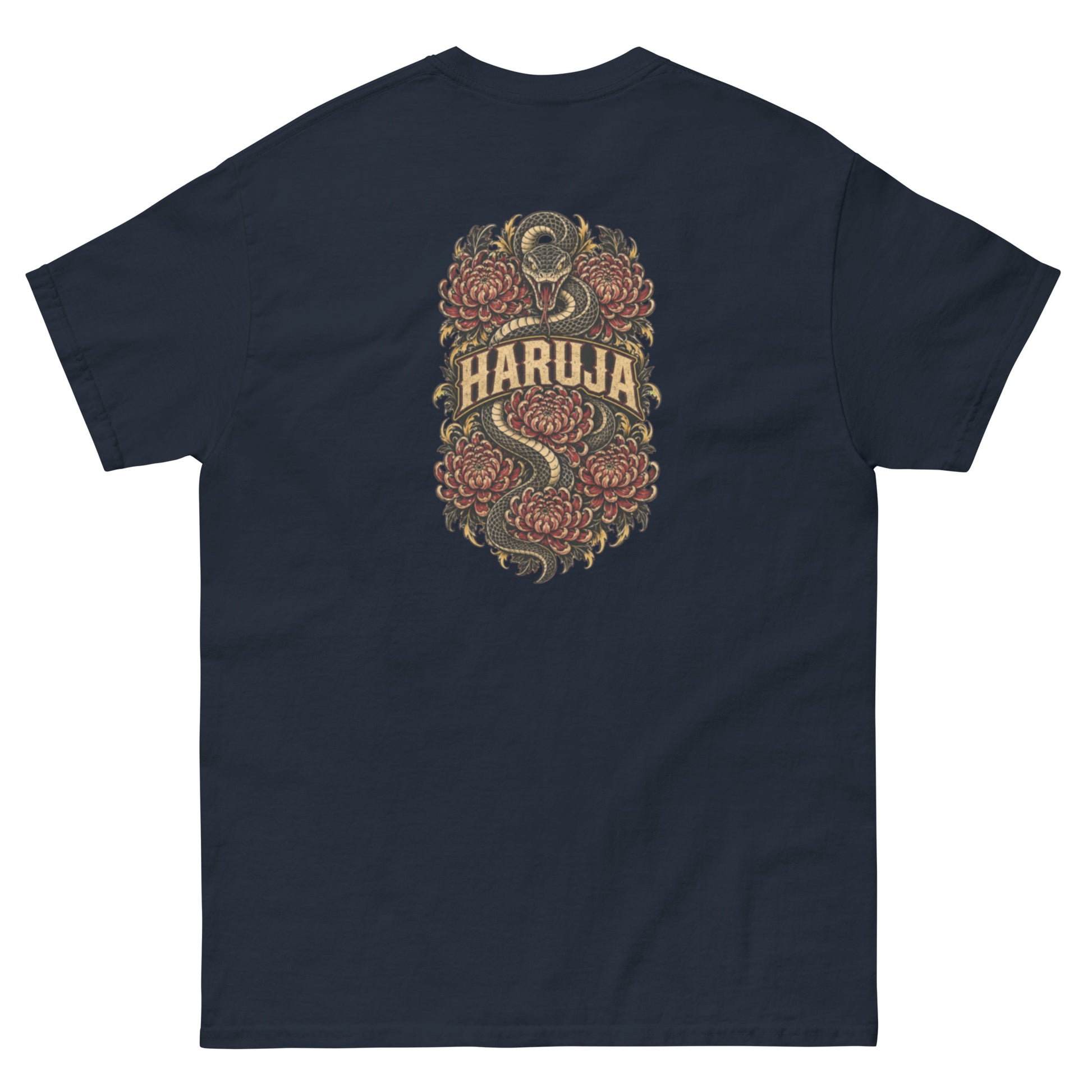 Back of navy Haruja T-shirt with large coiled snake, red chrysanthemum flowers and vintage logo graphic