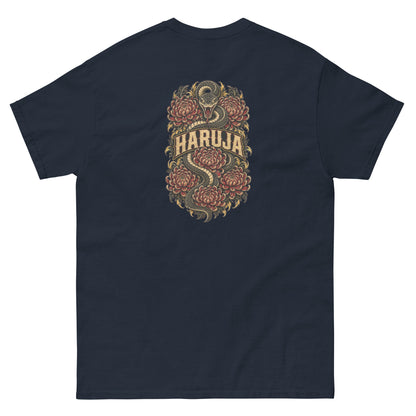 Back of navy Haruja T-shirt with large coiled snake, red chrysanthemum flowers and vintage logo graphic