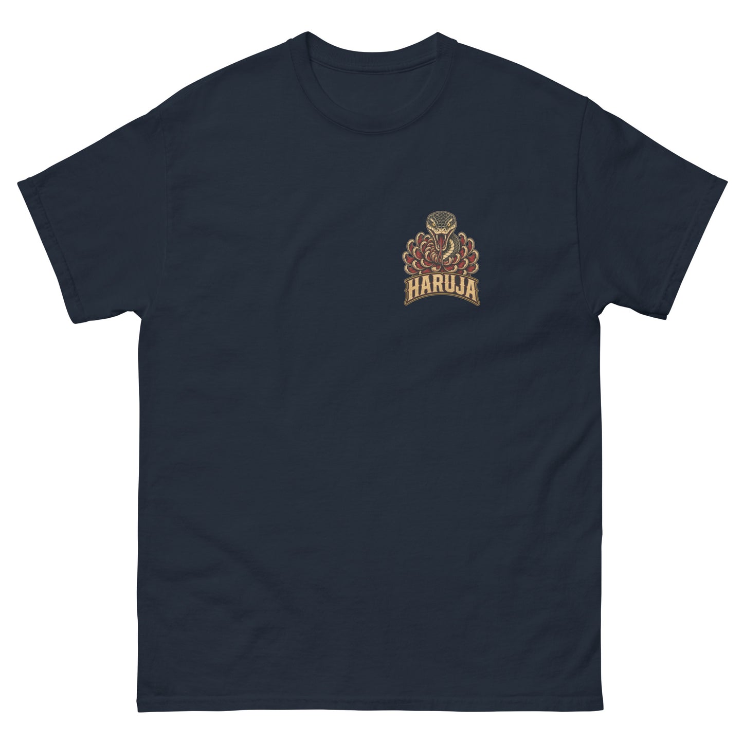 Front of navy Haruja T-shirt with small snake, red chrysanthemum and vintage logo chest graphic