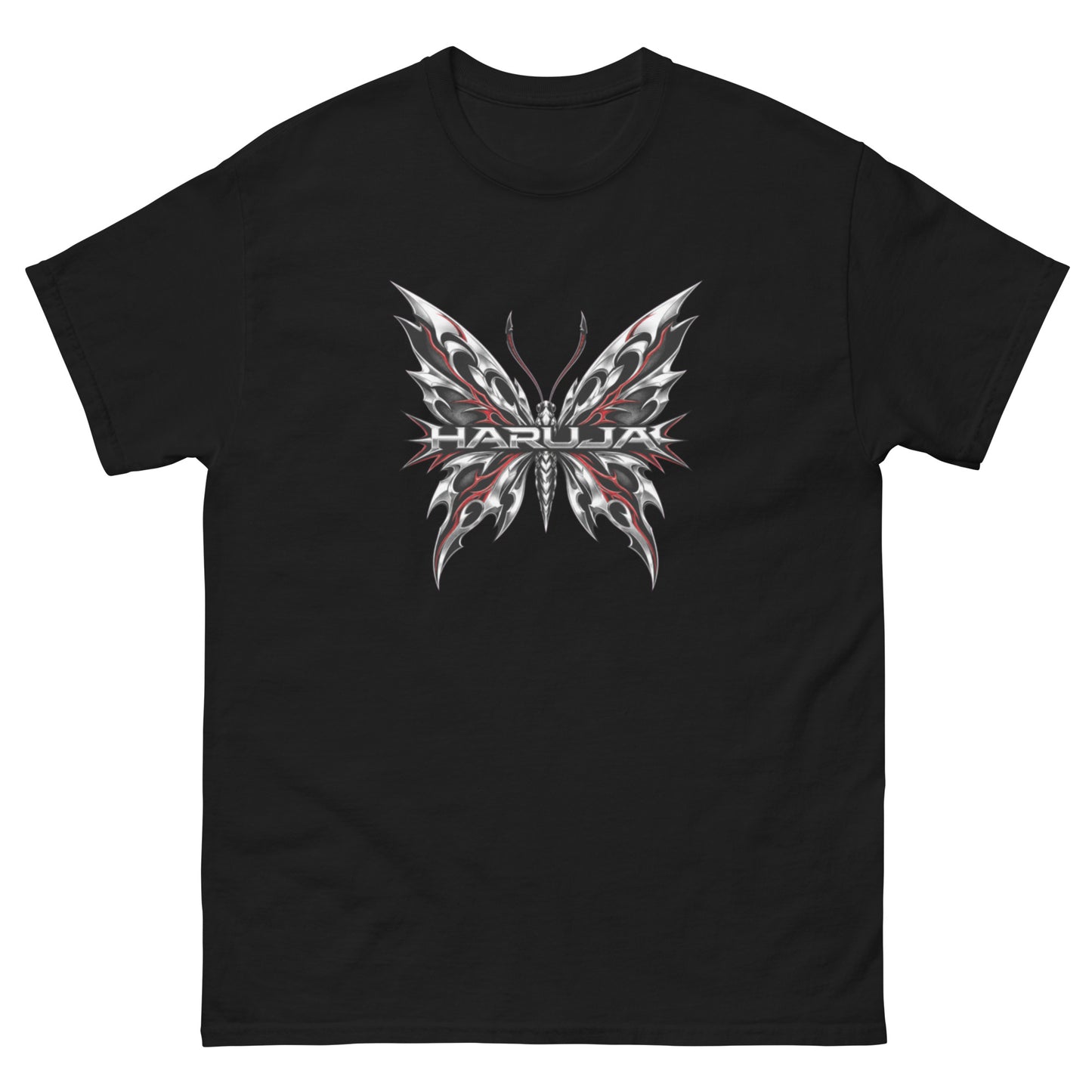 Black Haruja T-shirt with metallic silver and red tribal butterfly graphic on the front