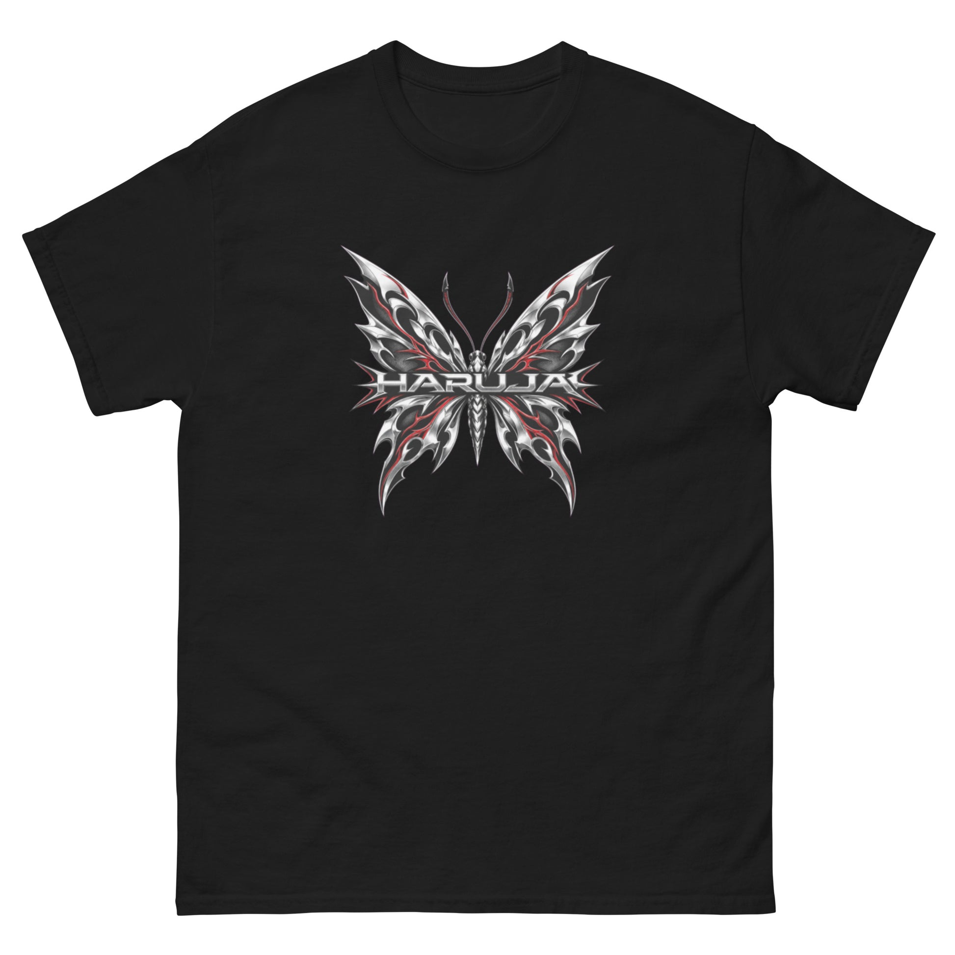Black Haruja T-shirt with metallic silver and red tribal butterfly graphic on the front