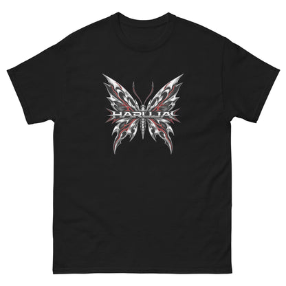 Black Haruja T-shirt with metallic silver and red tribal butterfly graphic on the front